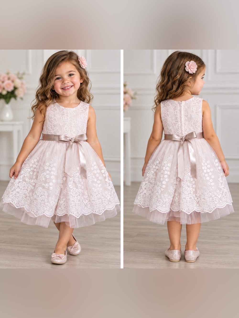 Bonnie Jean Blush Pink Lace Tulle Party Dress with Satin Bow 3T